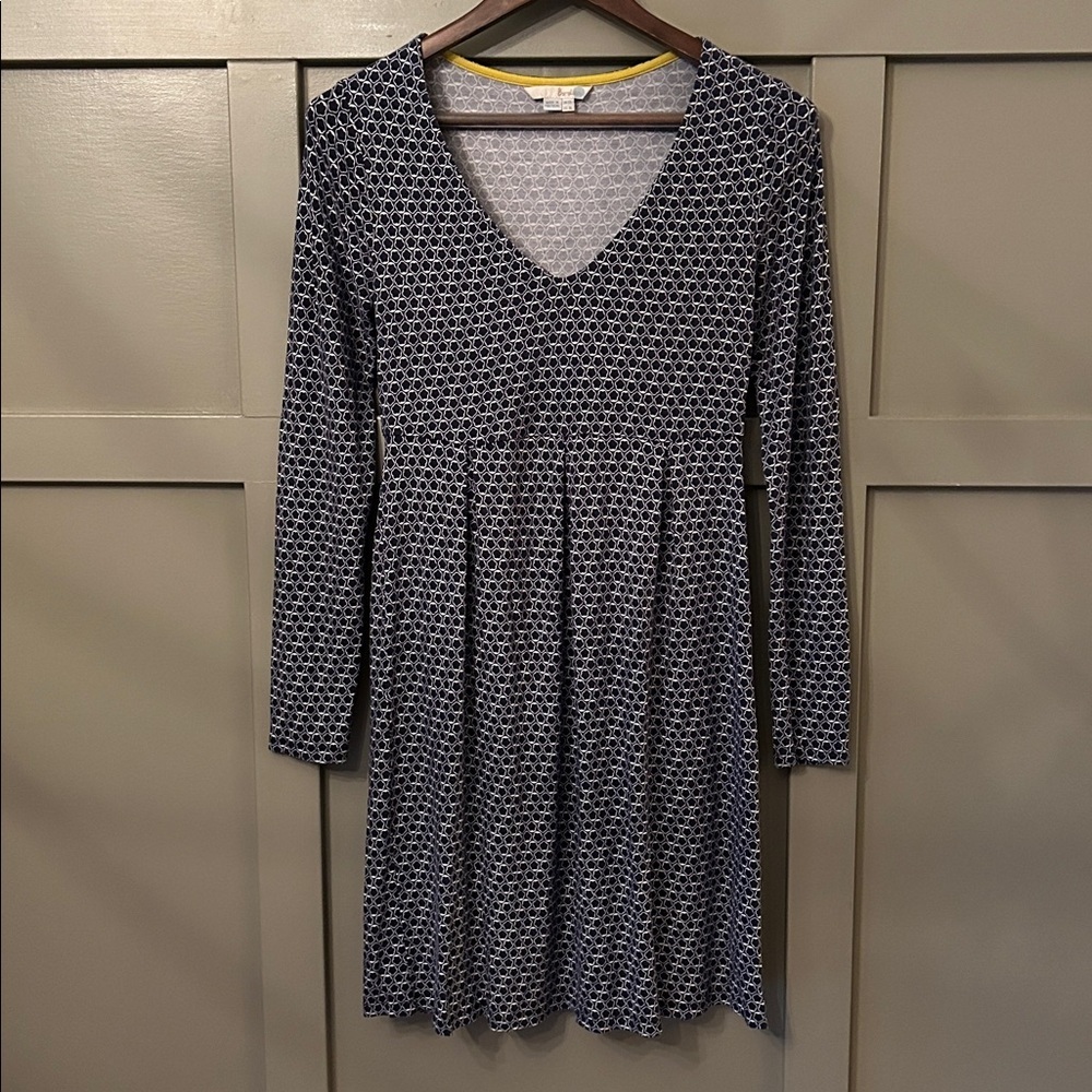 Boden Hattie Jersey Dress Long Sleeve V-Neck Navy Blue White Size 8 Long